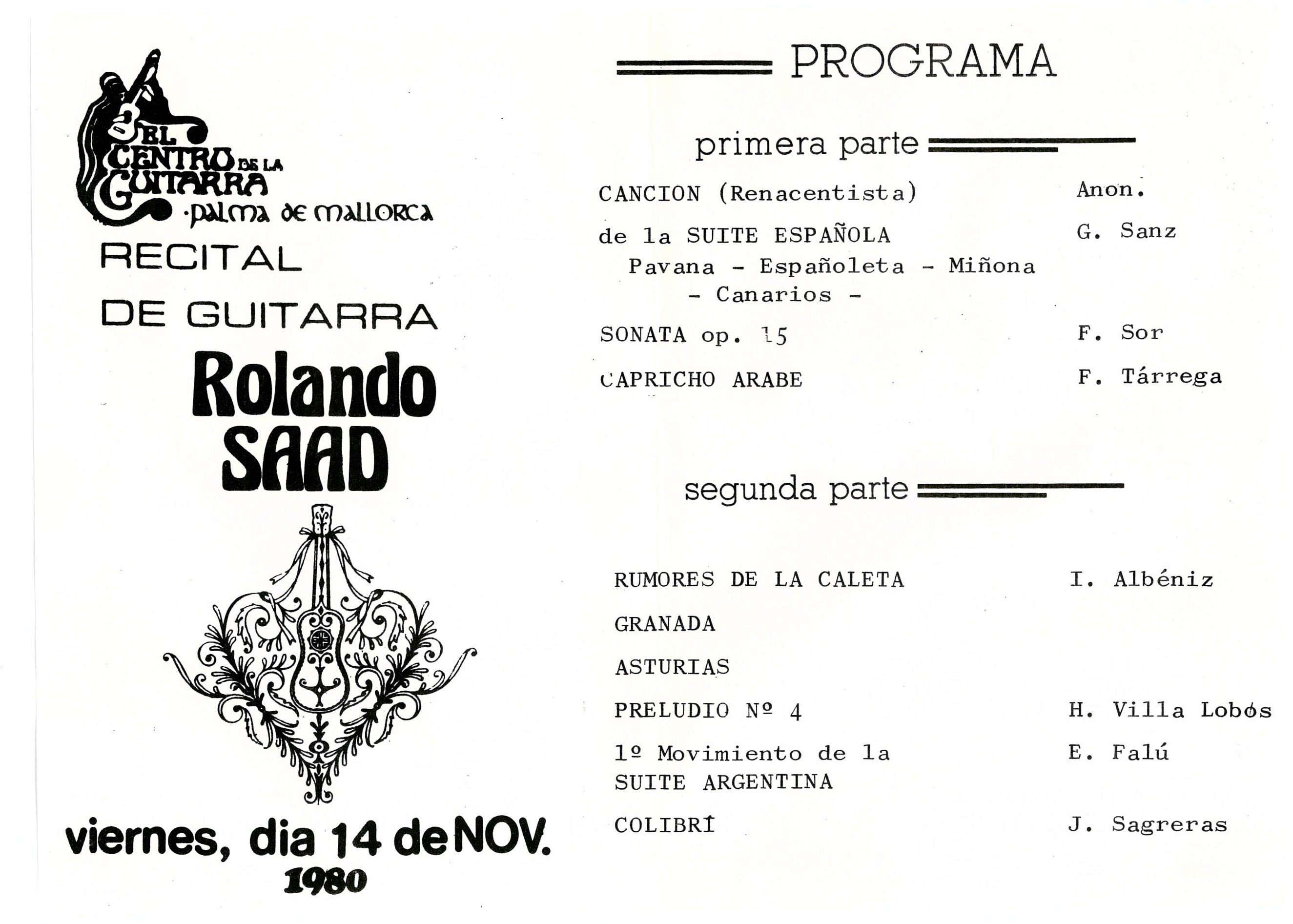 Programa de mano Palma de Mallorca, 1980 Programa de mano del primer concierto en Palma de Mallorca